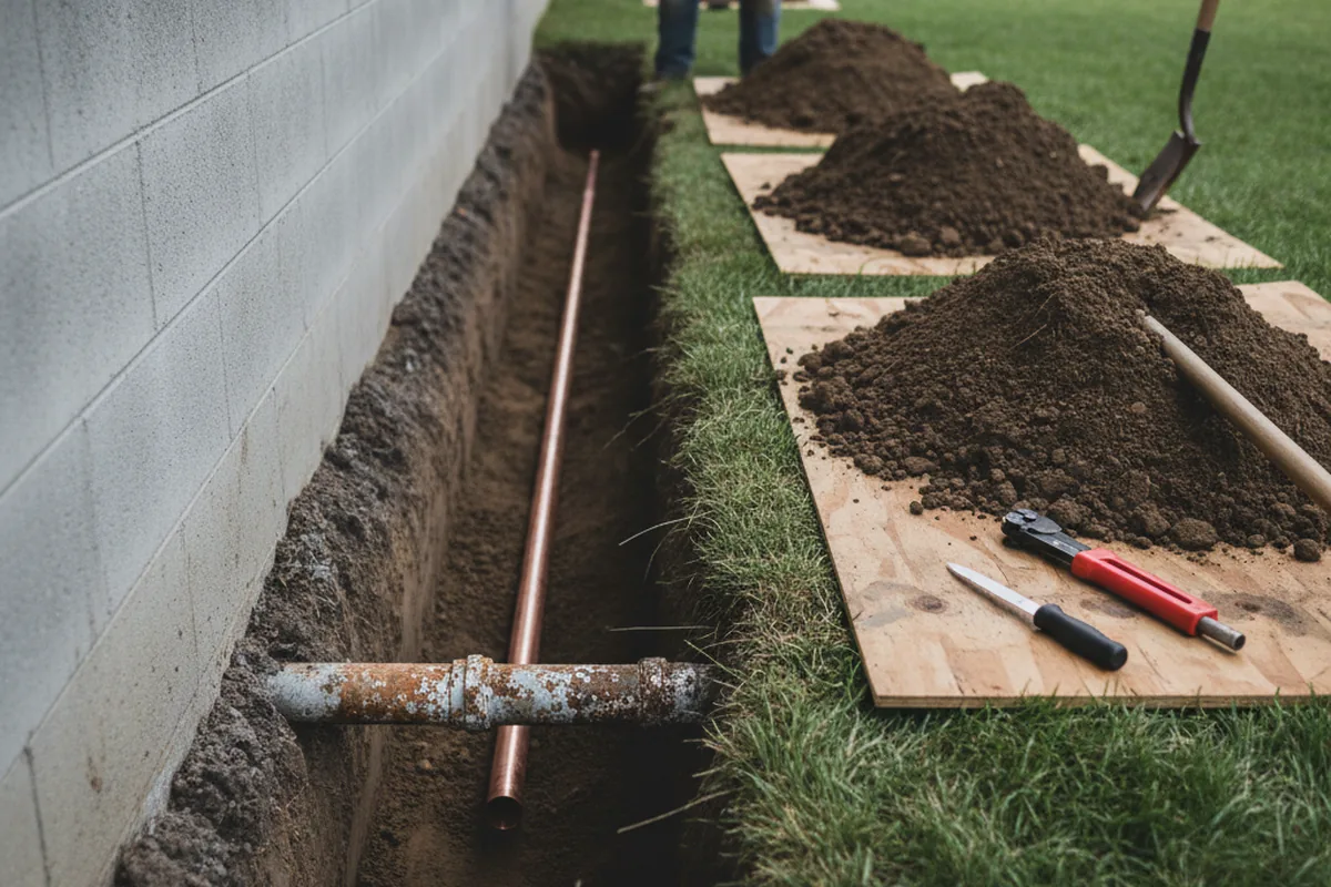 Excavated water line trench during Water Heater Repair in Golf